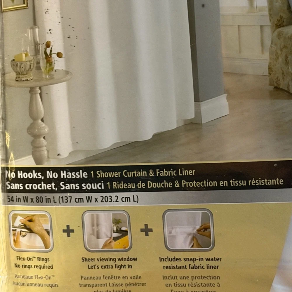 54x80” White Fabric Shower Curtain Set Waffle Weave with Snap Liner-NEW!